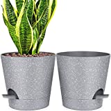 8 inch Self Watering Planters, Speckles Plant Pots with High Drainage Holes and Saucers for Indoor Plants and Flowers, Grey