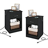 Reettic Set of 2 Nightstand with Charging Station and USB Ports & Power Outlets, Wooden End Table with Drawer and Opening Shelf, Side Table for Bedroom, Black RCTG101BE02
