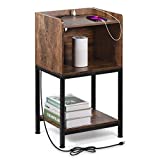 ABQ End Table 2- Tier with Charging Station, Narrow Side Table with Drawer and USB Ports & Power Outlets, Nightstand for Small Spaces, Living Room, Bedroom