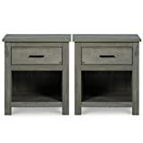 Set of 2 Vikiullf Farmhouse Nightstand - Wooden Bedroom Night Stand, Bedside Table with 1 Drawer for Bedroom, Open Cabinet & Sliding Drawer, Gray Wash