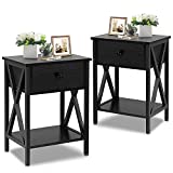 VECELO Night Stands for Bedroom Rustic Nightstand Bedside End Tables with Drawer Storage, (Set of 2), Classic Black