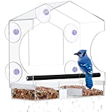 Acrylic Window Bird Feeder Clear Outdoor Bird Feeders with 5 Suction Cups, Removable Seed Tray Large with Drain Holes, Outside Hanging Kit