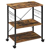 Mr IRONSTONE Kitchen Microwave Cart, 3-Tier Rolling Kitchen Utility Cart on Wheels Coffee Cart with Storage Bakers Rack with 10 Hooks, Rustic Brown