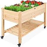 Best Choice Products Raised Garden Bed 48x24x32-inch Mobile Elevated Wood Planter w/Lockable Wheels, Storage Shelf, Protective Liner