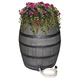 Emsco Group 2244-1 Rescue 50-Gallon Black Includes Planter, Water Diverter, Outlet Hose – Flatback Design 50 Gallon Whiskey rain Barrel, Gray with Painted Bands