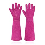 HANDLANDY Ladies Thorn Proof Gardening Gloves, Long Gauntlet Heavy Duty Garden Gloves, Elbow Length Women Leather Rose Pruning Gloves (Medium, Rosy)