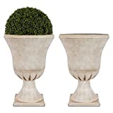 Worth Garden Plastic Urn Planters for Outdoor Plants, Tree 22'' Tall 2 Pack Round Classic Resin Flower Pots Indoor Beige Traditional Front Porch 16 in Dia. Large Imitation Stone Decorative Patio Deck