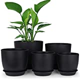 homenote Plastic Planter 7/6/5.5/4.8/4.5 Inch Flower Pot Indoor Modern Decorative Plastic Pots for Plants with Drainage Hole and Tray for All House Plants, Succulents, Flowers, and Cactus, Black