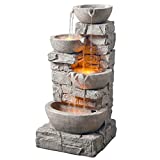 Teamson Home Water 4 Tiered Bowls Floor Stacked Stone Waterfall Fountain with LED Lights and Pump for Outdoor Patio Garden Backyard Decking Décor, 33 inch Height, Gray