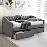 Twin Size Daybed, Upholstered Daybed with Two Drawers, Wood Slat Support Day Bed Frame, Gray