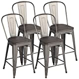 Yaheetech 24Inch Seat Height Tolix Style Dining Stools Chairs with Wood Seat/Top and High Backrest, Industrial Metal Counter Height Stool, Modern Kitchen Dining Bar Chairs Rustic, Gun