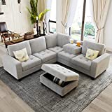 Merax 2 Piece Sectional Corner Sofa, Living Room Modern Velvet L-Shaped Couch Space Saving with Storage Ottoman & Cup Holders, Silver Grey