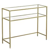 VASAGLE 39.4' Console Table, Modern Sofa or Entryway Table, Tempered Glass Table, Metal Frame, 2 Shelves, Adjustable Feet, for Living Room, Hallway, Gold Color ULGT025A01