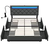 Rolanstar Full Bed Frame with Headboard and 4 Drawers, LED Lights Adjustable Upholstered Headboard with 2 USB Charging Station, No Box Spring Needed, Easy Assembly, Dark Grey
