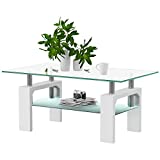 SunsGrove Rectangle Glass Coffee Table Modern Center Table with Metal Tube Legs for Living Room (White)