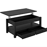 Rolanstar Coffee Table, Lift Top Coffee Table with Drawers and Hidden Compartment, Retro Central Table with Wooden Lift Tabletop, for Living Room, Black