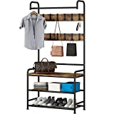 LINZINAR Coat Rack Shoe Bench 3-in-1 Hall Tree with Bench and Shoe Storage for Entryway Heavy Duty MDF Stand Coat Rack Industrial Accent Furniture with Metal Frame, Black (Rustic Black)