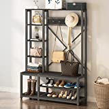 Tribesigns 4-in-1 Entryway Hall Tree with Side Storage Shelves, Industrial Wooden Entryway Bench with Coat Rack, Storage Shelving with Shoe Bench/5 Hooks for Bedroom, Sturdy and Easy Assembly (Shelf Shoe Bench, Black)