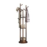 KASLANDI Wooden Coat Rack Freestanding, Rotary Coat Rack Stand with 3 Storage Shelves and 9 Hooks, Enterway Hall Tree Free Standing for Hanging Coats, Jackets, Hats, Bags, Umbrellas, Walnut Brown