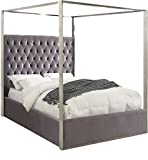 Meridian Furniture Porter Collection Modern | Contemporary Velvet Upholstered Bed with Deep Detailed Tufting and Chrome Canopy, Grey, Queen