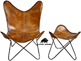 Tan Brown Vintage Leather Arm Butterfly Chair | Genuine Tan Leather Butterfly Chair Home Décor | Classic Handmade Chair (with Fold-able Stand & Stool) (Without Foot Stool)