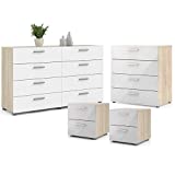 Home Square Contemporary Style 4 Piece Bedroom Set with Two Nightstands, 8 Drawer Double Dresser and 4 Drawer Chest in Oak and White Gloss