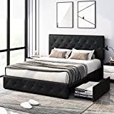Modern Upholstered Bed Frame with 4 Drawers, Faux Leather Platform Bed with Button Tufted Headboard, Solid Wooden Slat Support, Easy Assembly, Queen Size, Black
