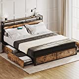 LIKIMIO Queen Bed Frame with Storage Drawer, 2-Tier Storage Headboard with Charging Station, No Box Spring Needed, Easy Assembly, Vintage Brown