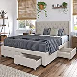 DG Casa Bardy Upholstered Panel Bed Frame with Storage Drawers and Diamond Button Tufted Nailhead Trim Wingback Headboard, King Size in Beige Fabric