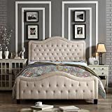 Rosevera Turin Upholstered Linen Tufted Button High-Profile Footboard with Adjuatable Headboard Bed, King, Beige