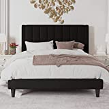 Vellieve Full Upholstered Velvet Platform Bed Frame with Headboard / Vertical Channel Tufted Headboard / Strong Slats Support / Non-Slip and Noise-Free / No Box Spring Needed / Easy Assembly / Black