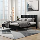 Beautiplove Upholstered Platform Bed Frame Queen Size with Headboard Steel Slat Support Mattress Foundation No Box Spring Required Easy Assembly Black