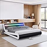 Deluxe Faux Leather Upholstered Platform Bed Frame with LED Headboard, Low Profile Wave-Like Design, Wood Slat Support, Remote Control, No Box Spring Needed, Easy Assemble, Queen Size, Blackwhite