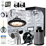 BloomGrow 300W Full Spectrum UFO LED Light + 24''x24''x48'' Grow Tent + 4'' Inline Fan Filter Duct Combo + Hangers + Hygrometer + Shears + 24-hour Timer + Trellis Netting Indoor Grow Tent Complete Kit