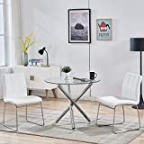 WENYU 3 Pieces Glass Dining Table Set, Round Kitchen Table with Clear Tempered Glass Top, Modern Dining Table and Chairs Set for 2 Person (Table + 2 White Chairs)