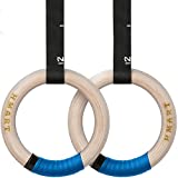 HMART Wooden Gymnastic Rings 1600Ibs Capacity with Cam Buckle 15ft Woven Adjustable Numbered Straps Anti-Slip Sweat-Absorbent Hand Tape Pull Up Rings for Home Outdoor Exercise Gym Rings