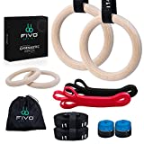 fivo Wooden Gymnastic Rings with Adjustable Straps - 14.76ft, Fitness Workout Olympic Gym Rings for Home Training with Hand Tape, Mesh Bag, Resistance Band All Included with Gymnastics Rings Set