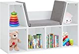 KINBOR BABY Reading Nook for Kids - Kids Bookcase w/Cushioned Reading Nook, 6-Cubby Wooden Corner Storage Shelf Book Nook for Playroom Bedroom Decor (White)