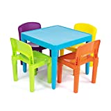 Humble Crew, Blue Table & Red/Green/Yellow/Purple Kids Lightweight Plastic Table and 4 Chairs Set, Square