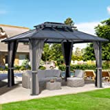HAPPATIO 10'x 12' Outdoor Polycarbonate Double Hardtop Roof Gazebo, Aluminum Furniture Gazebo Canopy with Netting and Curtains for Garden, Patio, Lawns, Parties (Gray)