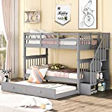 Bunk Bed Twin Over Twin with Trundle, Bunk Beds with Stairs and Open Shelves, Wooden Twin Bunk Bed for Kids, Teens,Bedroom, Dorm(Grey,Twin Over Twin)