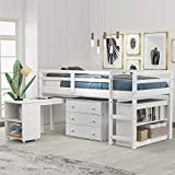 Twin Loft Bed with Desk, Low Study Loft Bed Frame with Storage Cabinet and Rolling Portable Desk for Kids and Teenagers, Twin Size, White