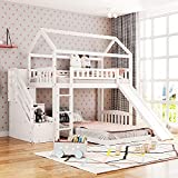 House Bunk Bed with Slide, Wood Twin Over Twin Bunk Bed Frame with Stairs and Roof for Kids, Teens, Girls, Boys (White)