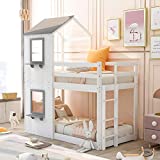 Merax House Shaped Bunk Bed with Roof, Window, Guardrail and Ladder for Kids, Teens, Girl or Boys Loft, Twin Over Twin, White