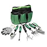 TURBRO Garden Tool Set, 8 Piece Stainless Steel Gardening Hand Tool Kit with Heavy Duty Storage Tote Bag - Gardening Gift Set Contains Pruners, Weeder, Rake, Shovel, Trowel and Non-Slip Gloves