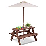 HONEY JOY Kids Picnic Table, Toddler Outdoor Wood Table and Chair Set, Removable & Foldable Umbrella, Children Backyard Patio Furniture Set, Kids Activity Table with Built-in Benches, Walnut