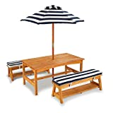 KidKraft Outdoor Wooden Table & Bench Set with Cushions and Umbrella, Kids Backyard Furniture, Navy and White Stripe Fabric, Gift for Ages 3-8
