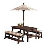 KidKraft Outdoor Wooden Table & Bench Set with Cushions and Umbrella, Kids Backyard Furniture, Espresso with Oatmeal and White Stripe Fabric, Gift for Ages 3-8