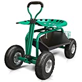 Bralys BRALYS Garden Cart with Seat - Rolling Gardening Cart Scooter Workseat Large Wheels, Basket, Waterproof Cover Included ,360degree Rotation, Height Adjustable Swivel Chair.