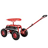 KINTNESS Garden Cart Seat Rolling Scooter Wagon with Extendable Steering Handle Swivel Seat & Utility Basket Red